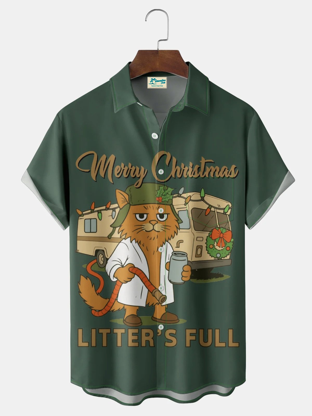 Royaura® Retro Holiday Christmas Cartoon Cats Car Print Men's Button Pocket Short Sleeve Shirt Big & Tall