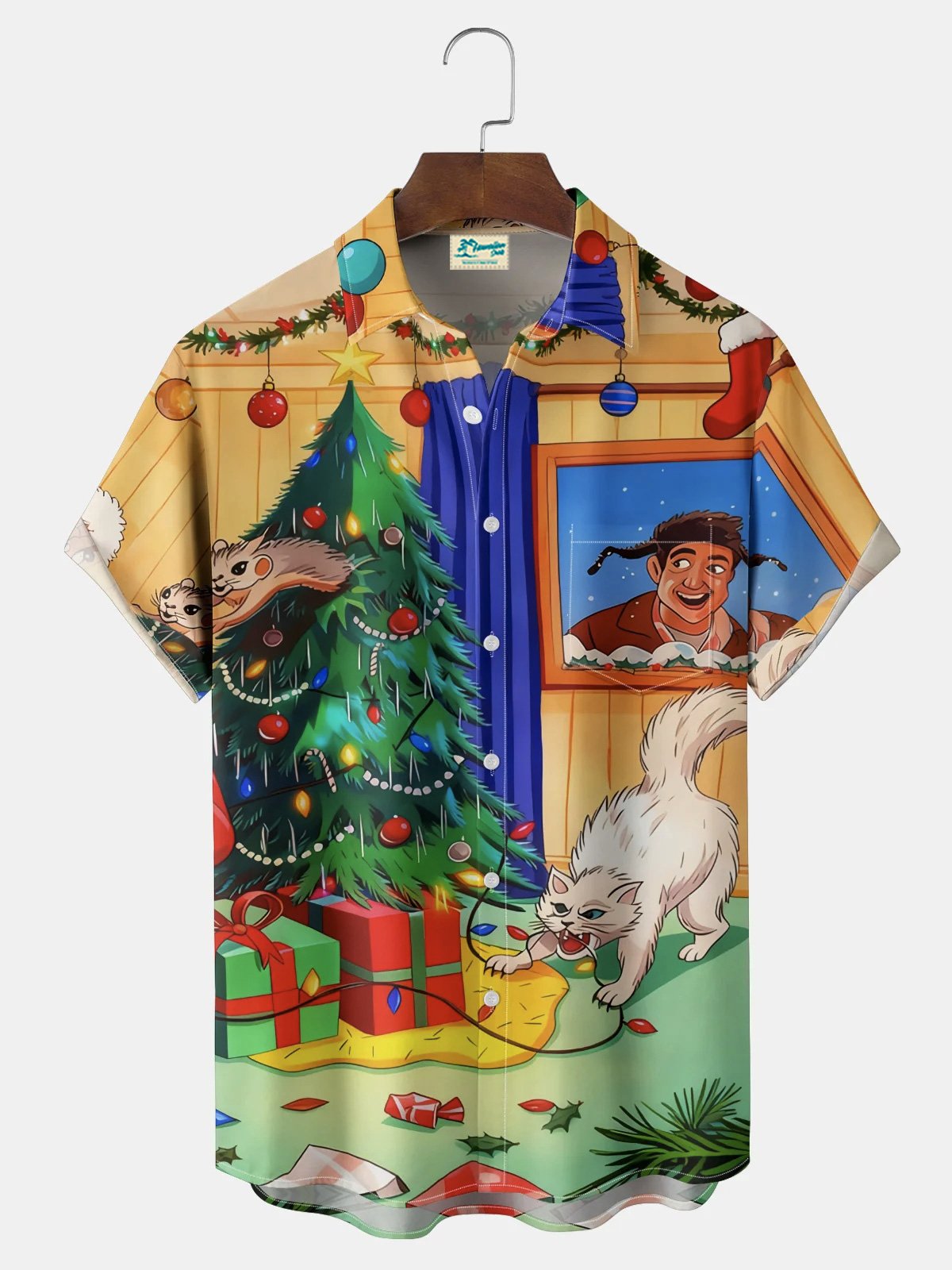 Royaura® Retro Holiday Christmas Cartoon Cat Print Men's Button Pocket Short Sleeve Shirt Big & Tall