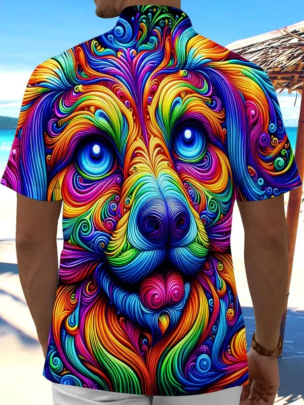 Royaura® Gradient Art Dog Print Men's Button Pocket Short-Sleeve Hawaiian Shirt Big & Tall