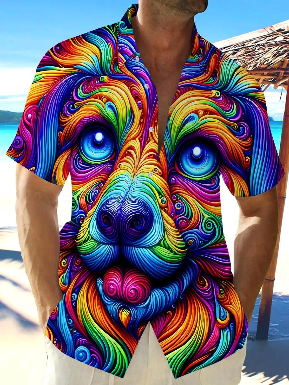 Royaura® Gradient Art Dog Print Men's Button Pocket Short-Sleeve Hawaiian Shirt Big & Tall