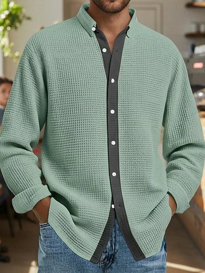 Royaura® Waffle-textured color-blocked men's long-sleeved shirt Big & Tall