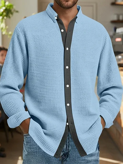 Royaura® Waffle-textured color-blocked men's long-sleeved shirt Big & Tall