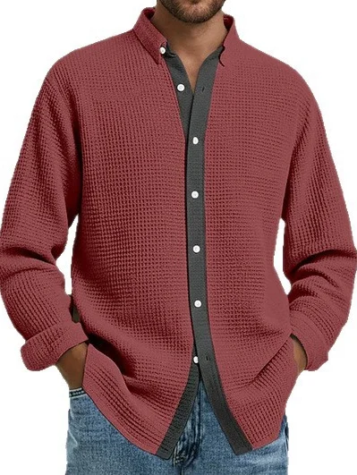 Royaura® Waffle-textured color-blocked men's long-sleeved shirt Big & Tall