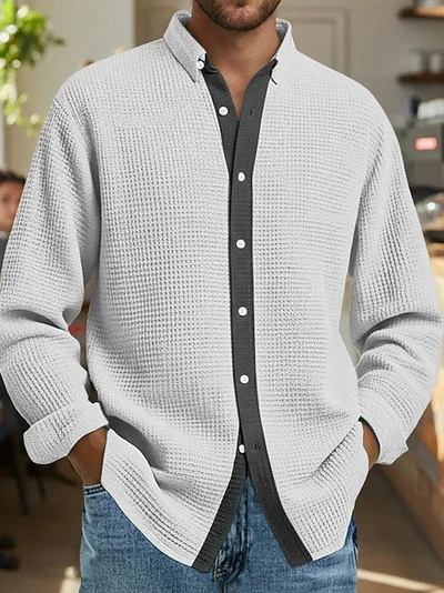 Royaura® Waffle-textured color-blocked men's long-sleeved shirt Big & Tall