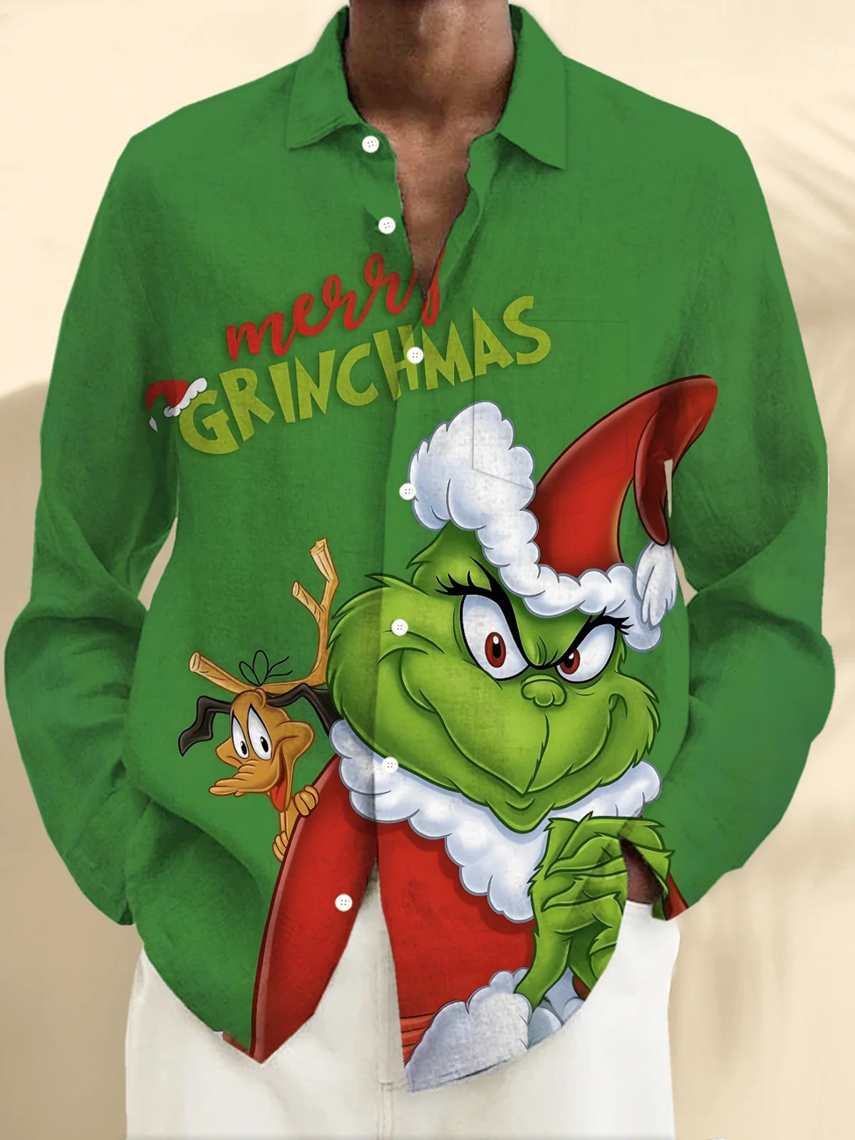 Royaura® Christmas Shirt, Cartoon Print Men's Button-Down Long Sleeve Hawaiian Shirt Big & Tall