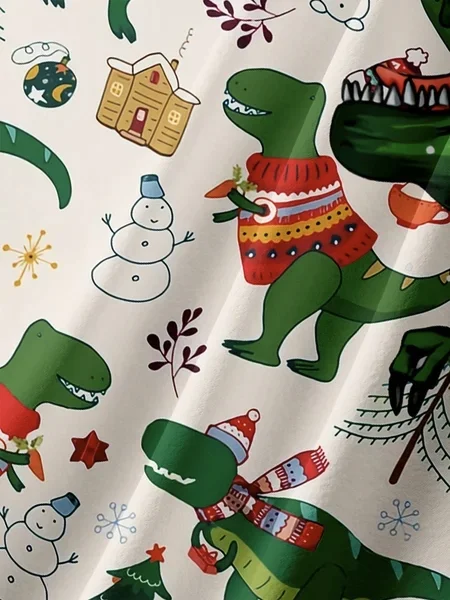 Royaura® Retro Holiday Christmas Dinosaur Print Men's Button Pocket Short Sleeve Shirt Big & Tall