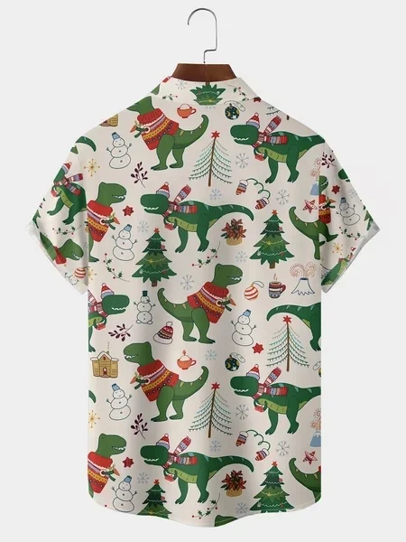 Royaura® Retro Holiday Christmas Dinosaur Print Men's Button Pocket Short Sleeve Shirt Big & Tall