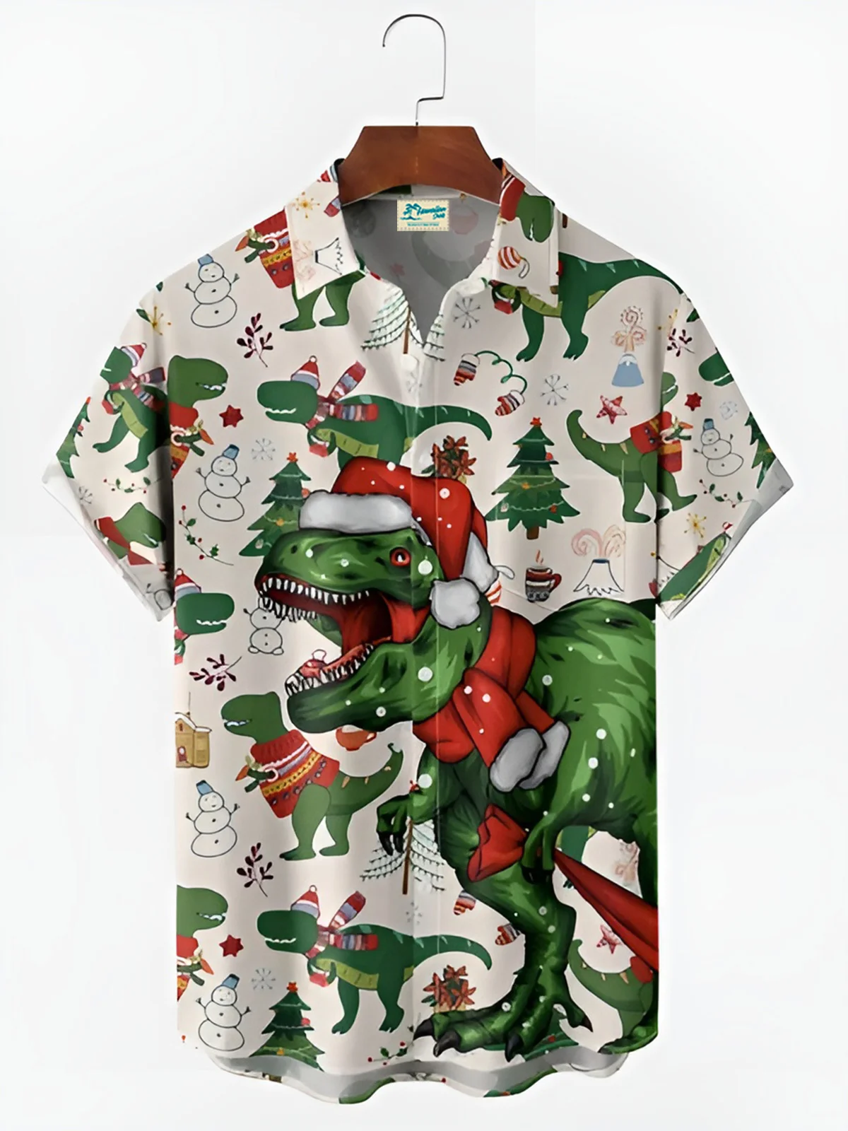 Royaura® Retro Holiday Christmas Dinosaur Print Men's Button Pocket Short Sleeve Shirt Big & Tall