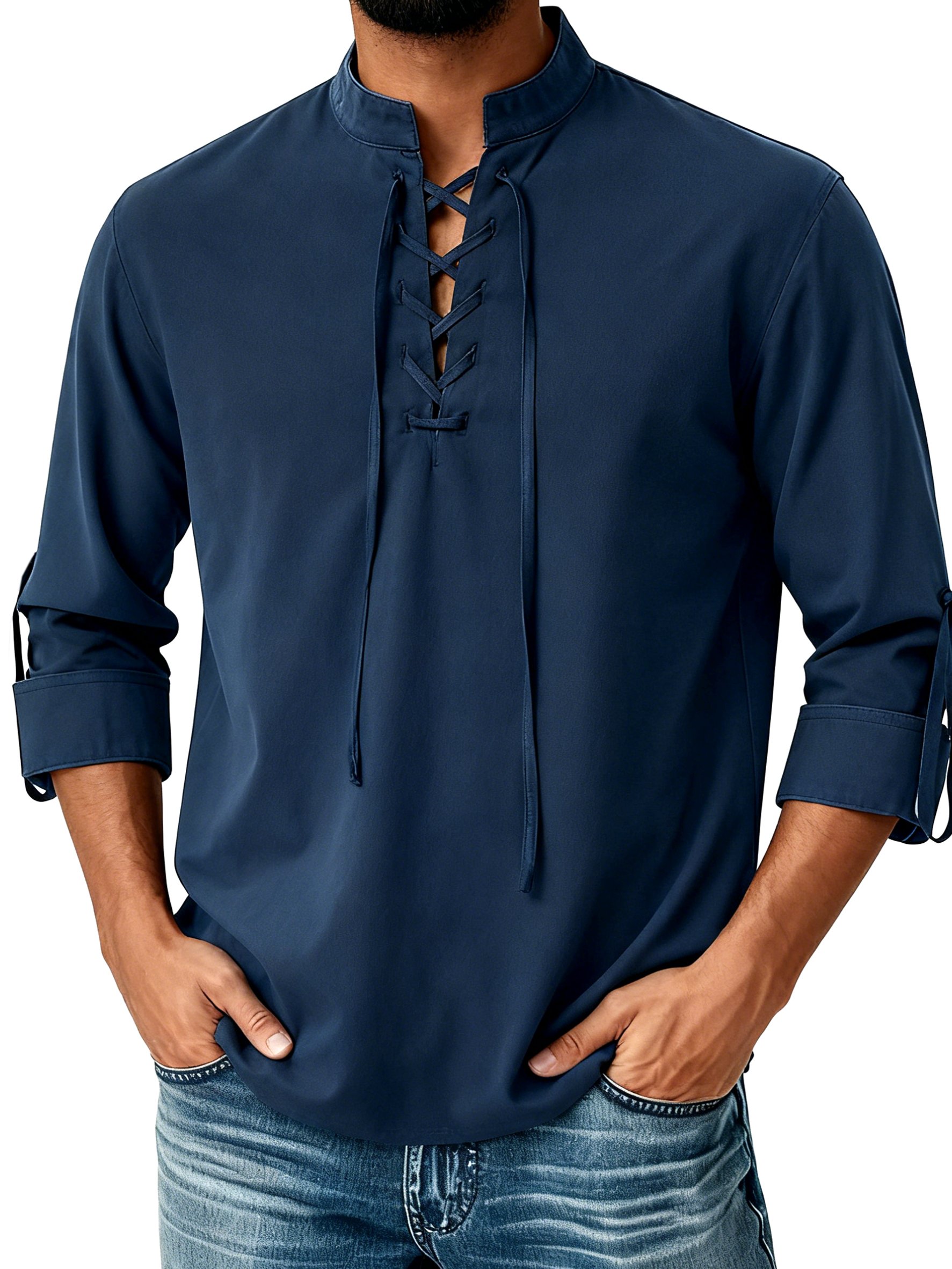 Royaura® Drawstring Stand Collar Men's Hawaiian shirt Big & Tall