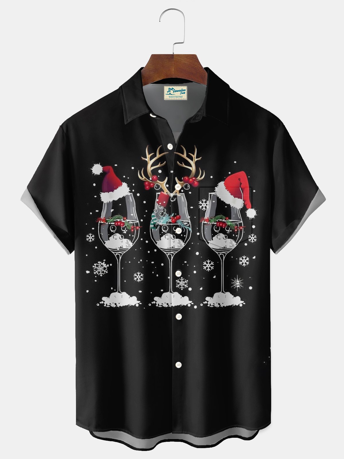 Royaura® Mens Christmas shirts Red wine Christmas Hat Print Men's Button Pocket Short-Sleeved Hawaiian shirt Holiday shirts men Big & Tall