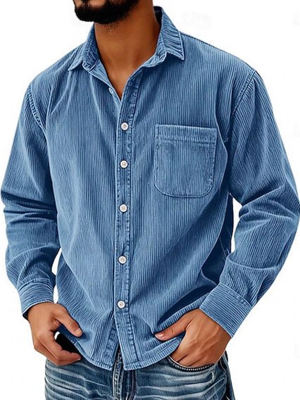 Royaura® Basic Corduroy Striped Men's Long-Sleeved Shirt With Button Pockets Big & Tall