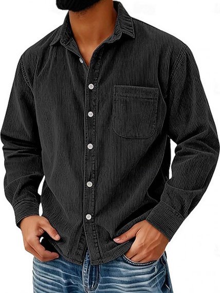 Royaura® Basic Corduroy Striped Men's Long-Sleeved Shirt With Button Pockets Big & Tall
