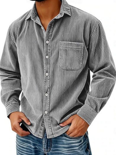 Royaura® Basic Corduroy Striped Men's Long-Sleeved Shirt With Button Pockets Big & Tall