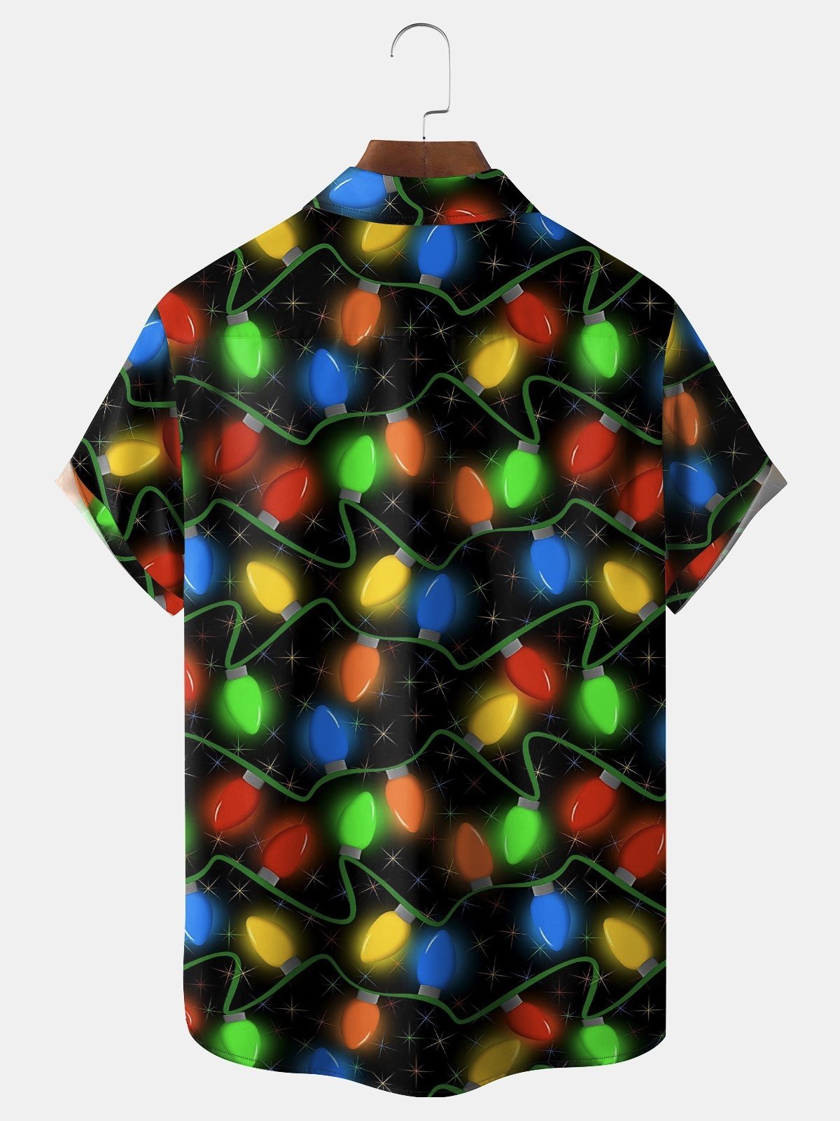 Royaura® Retro Holiday Christmas Multicolor Lights Print Men's Button Pocket Short Sleeve Shirt Big & Tall