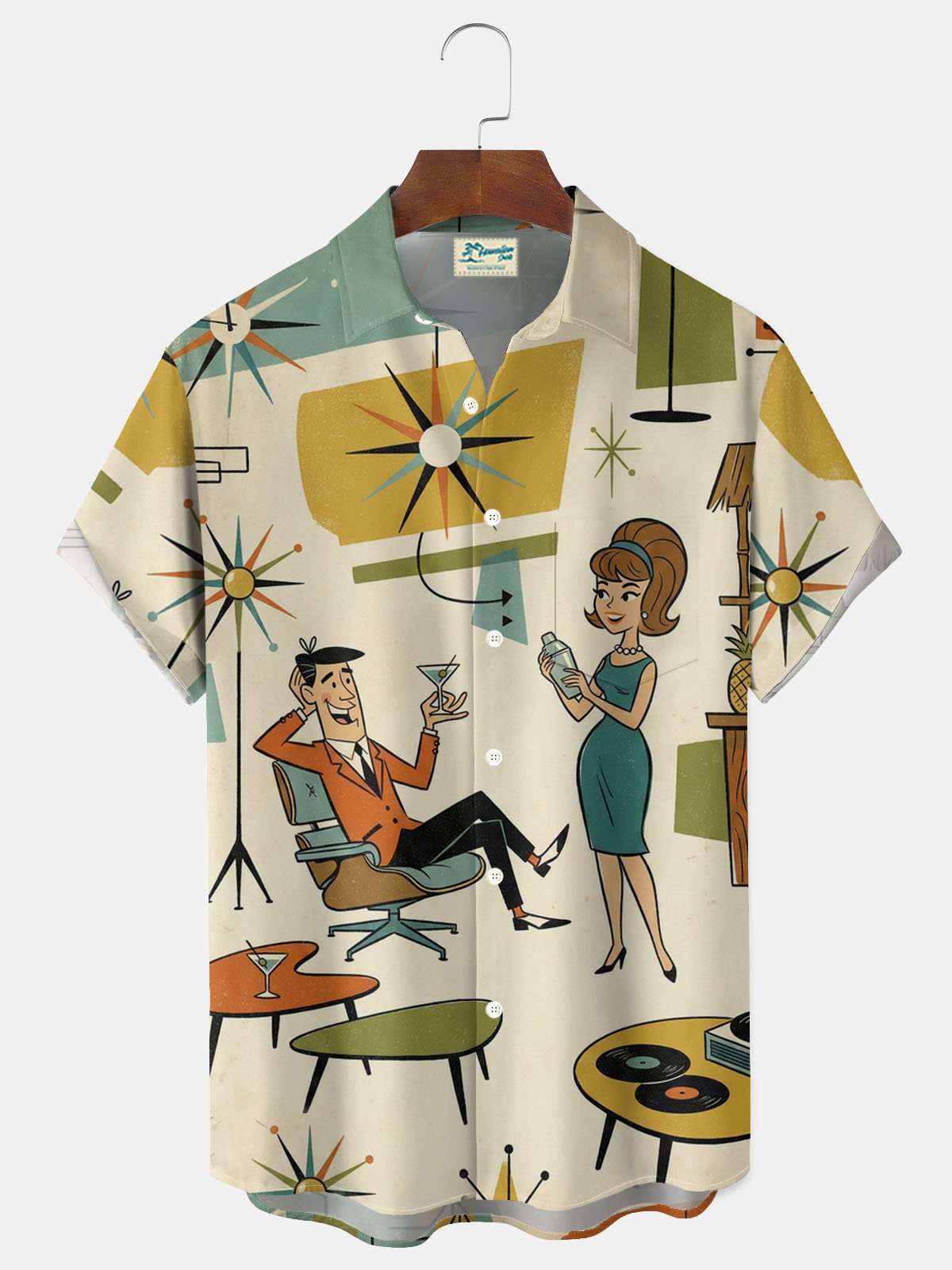 Royaura® Retro Medieval Atomic Geometry Print Men's Button Pocket Short-Sleeve Hawaiian Big & Tall