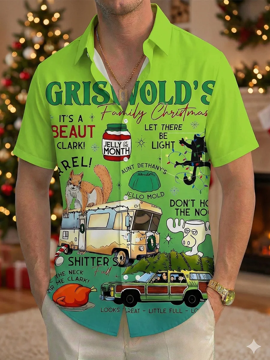 Royaura® Retro Christmas Movie Cartoon Print Men's Button Pocket Short Sleeve Shirt Big & Tall