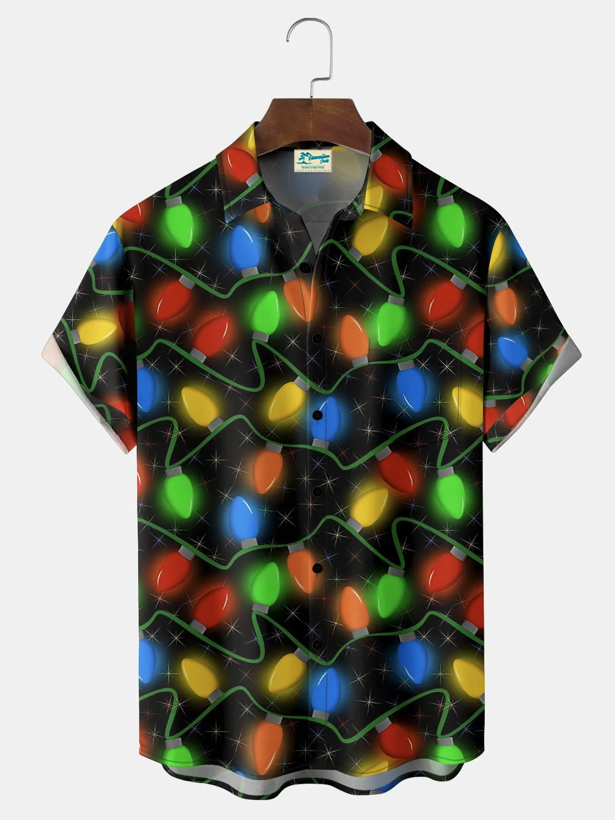 Royaura® Retro Holiday Christmas Multicolor Lights Print Men's Button Pocket Short Sleeve Shirt Big & Tall