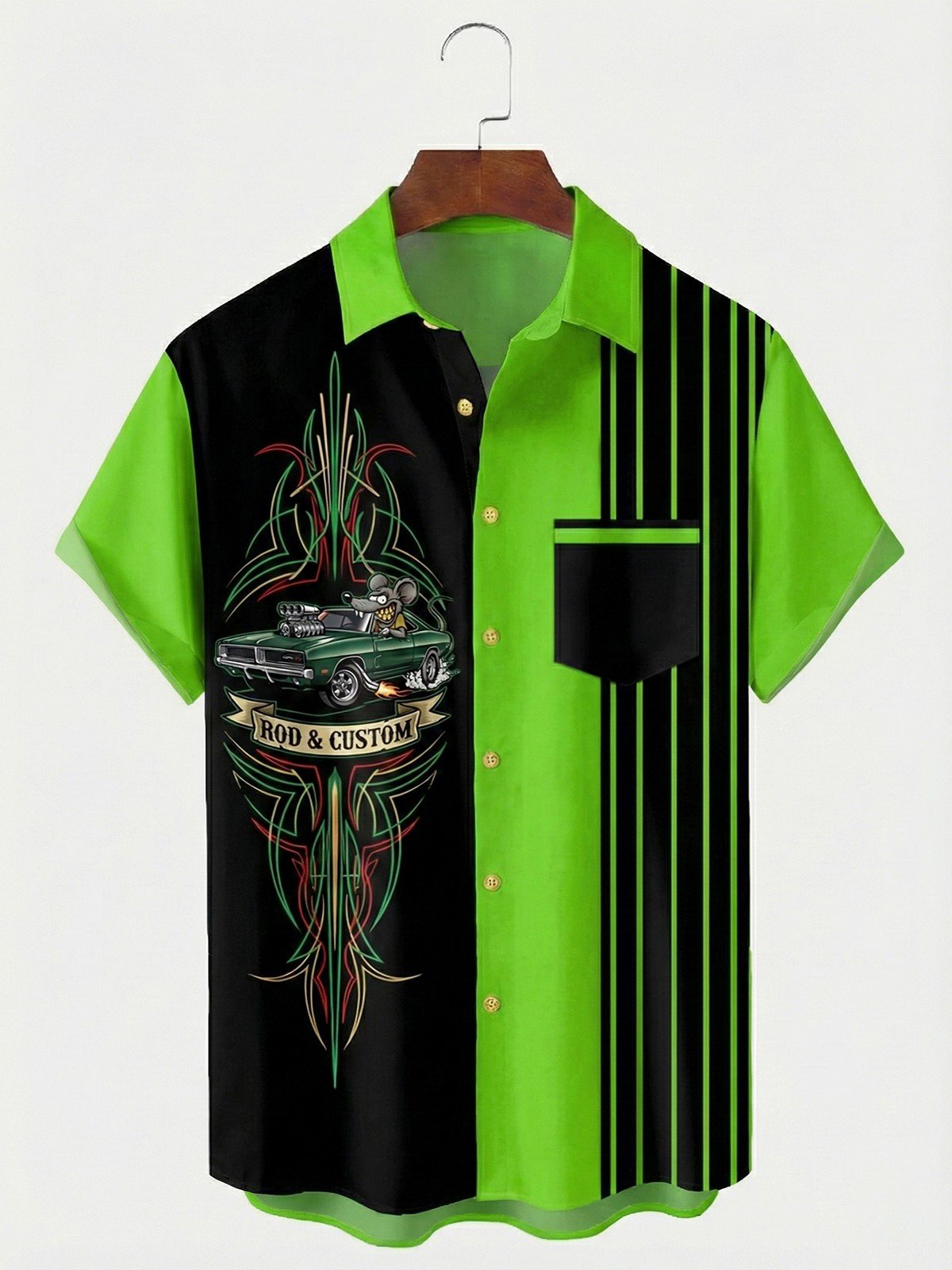 Royaura® Men's Vintage Pinstripe Gang Rat Print Retro Short Sleeve Shirt Big & Tall