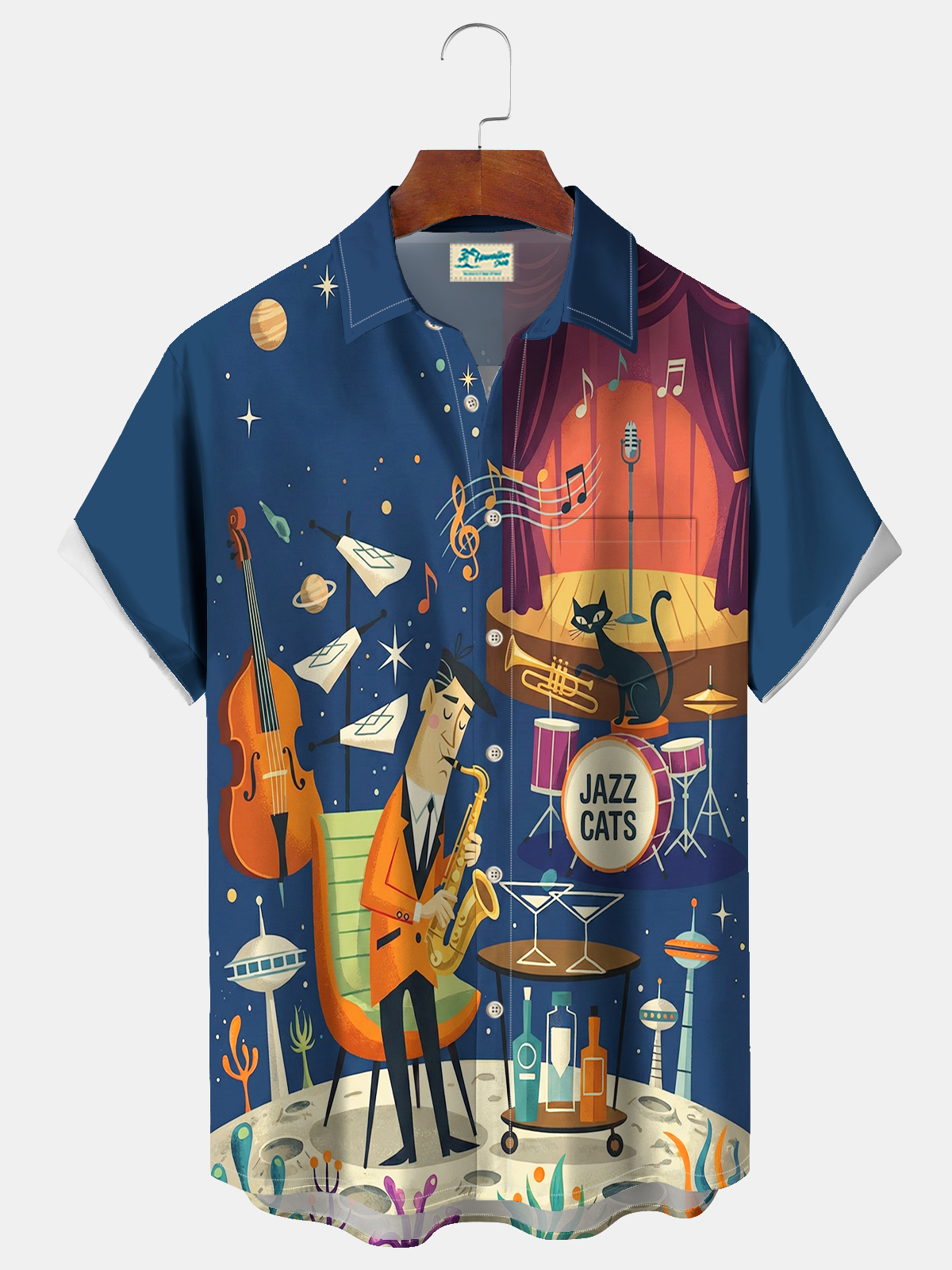 Royaura® Men's Vintage Atomic Jazz Cat Print Retro Short Sleeve Shirt Big & Tall