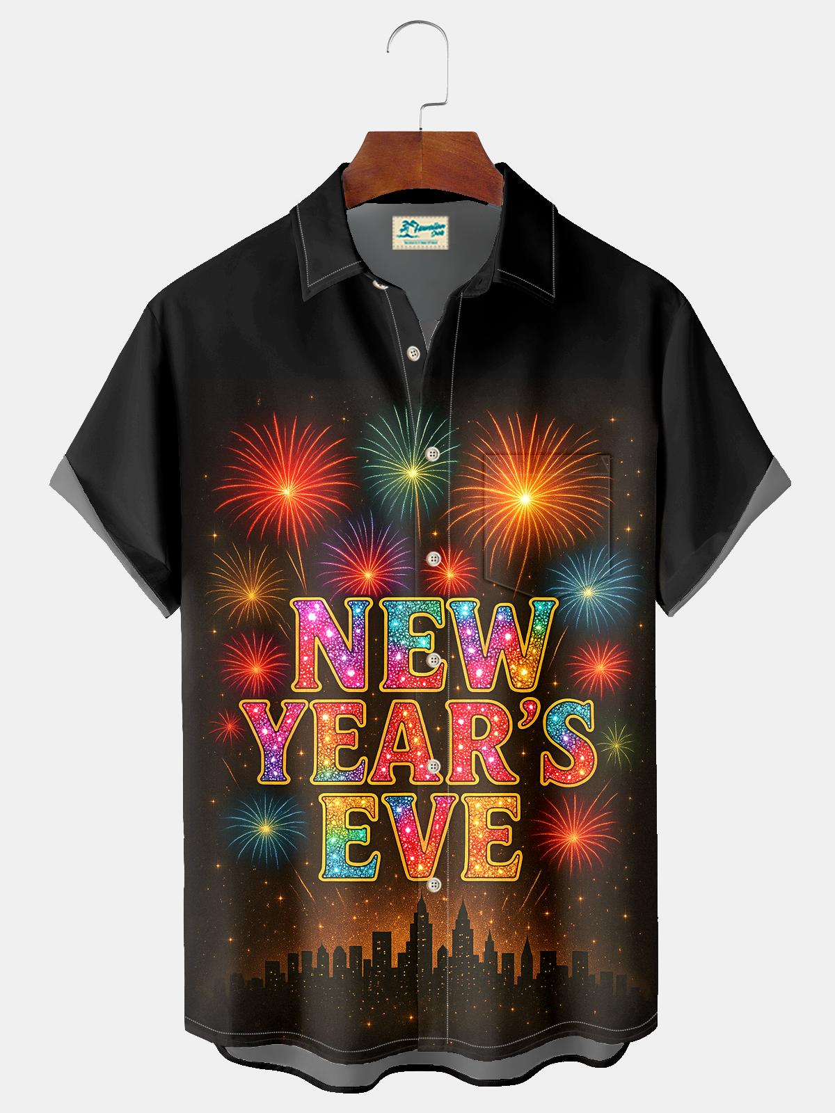 Royaura® Men's Happy New Year Explosive Fireworks Print Retro Short Sleeve Button Down Big & Tall