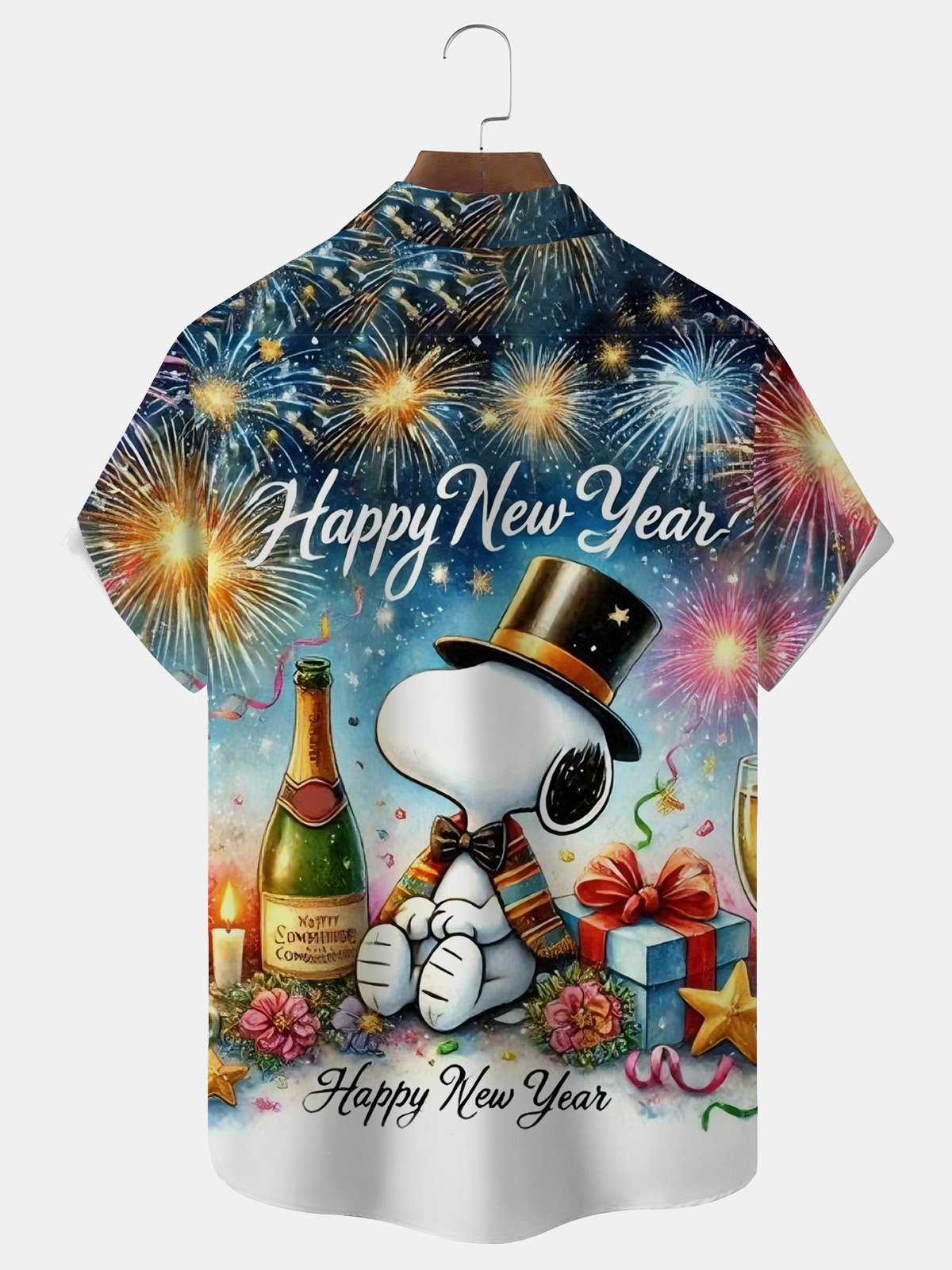 Royaura® Retro Cartoon New Year Print Men's Button-Down Short-Sleeve Holiday Hawaiian Shirt Big & Tall