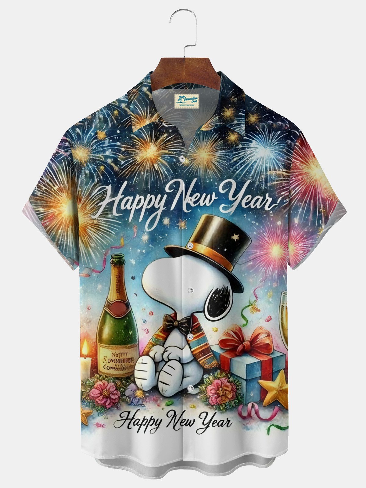 Royaura® Retro Cartoon New Year Print Men's Button-Down Short-Sleeve Holiday Hawaiian Shirt Big & Tall