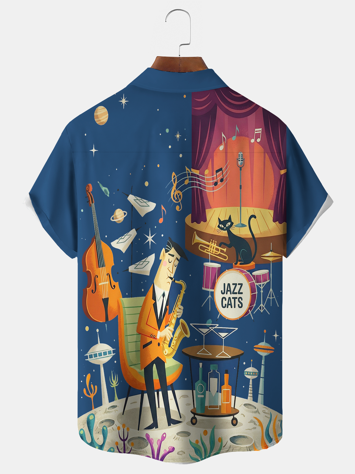 Royaura® Men's Vintage Atomic Jazz Cat Print Retro Short Sleeve Shirt Big & Tall