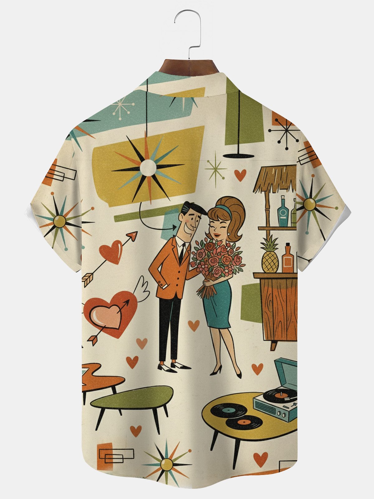 Royaura® Retro Cartoon Valentine's Day Print Men's Button-Down Short-Sleeve Holiday Hawaiian Shirt Big & Tall