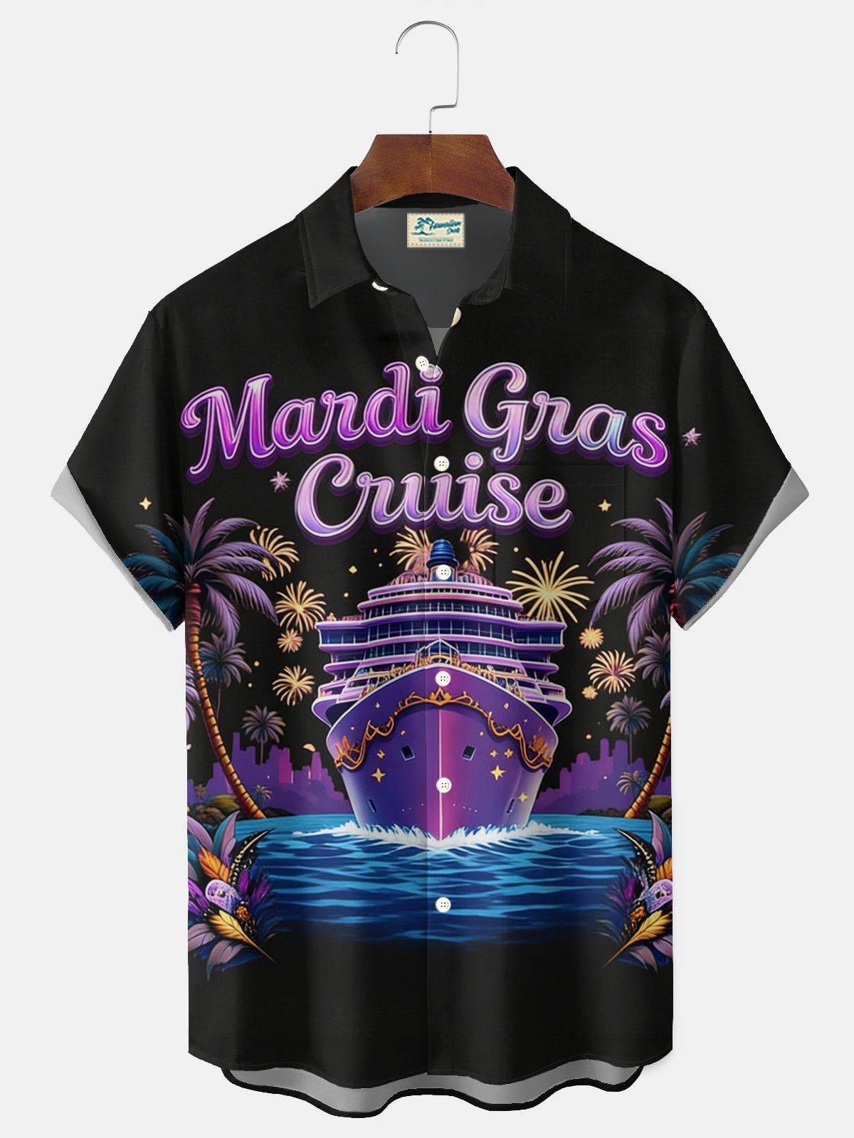 Royaura® Mardi Gras Cruise Print Men's Button-Down Short-Sleeve Holiday Hawaiian Shirt Big & Tall