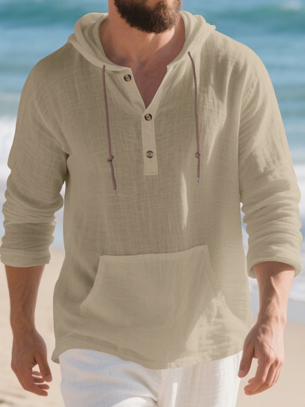 Royaura® Retro Cotton Linen Drawstring Men's Button-Up Long-Sleeve Hooded Shirt Big & Tall