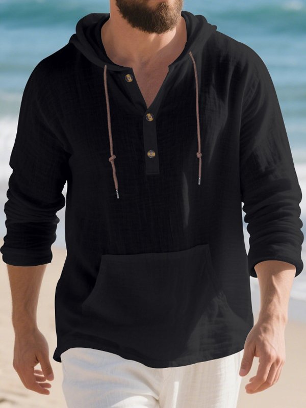 Royaura® Retro Cotton Linen Drawstring Men's Button-Up Long-Sleeve Hooded Shirt Big & Tall