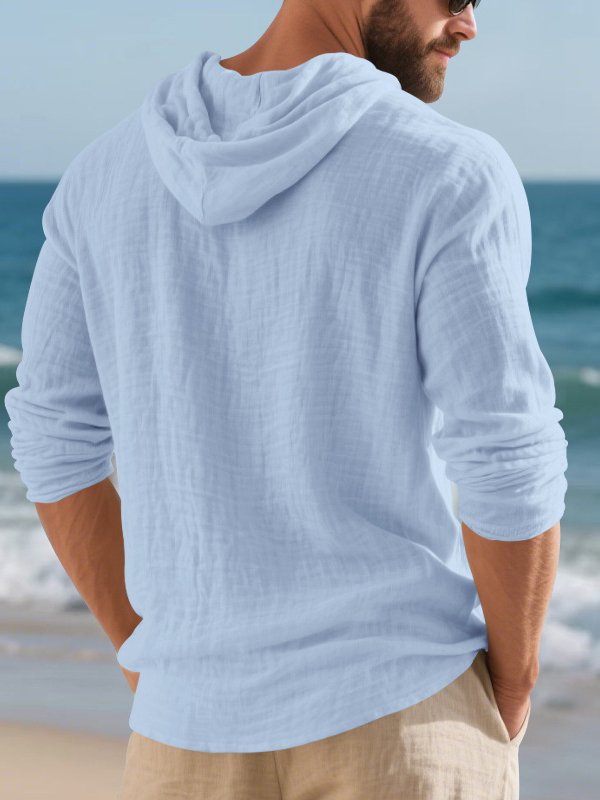 Royaura® Retro Cotton Linen Drawstring Men's Button-Up Long-Sleeve Hooded Shirt Big & Tall