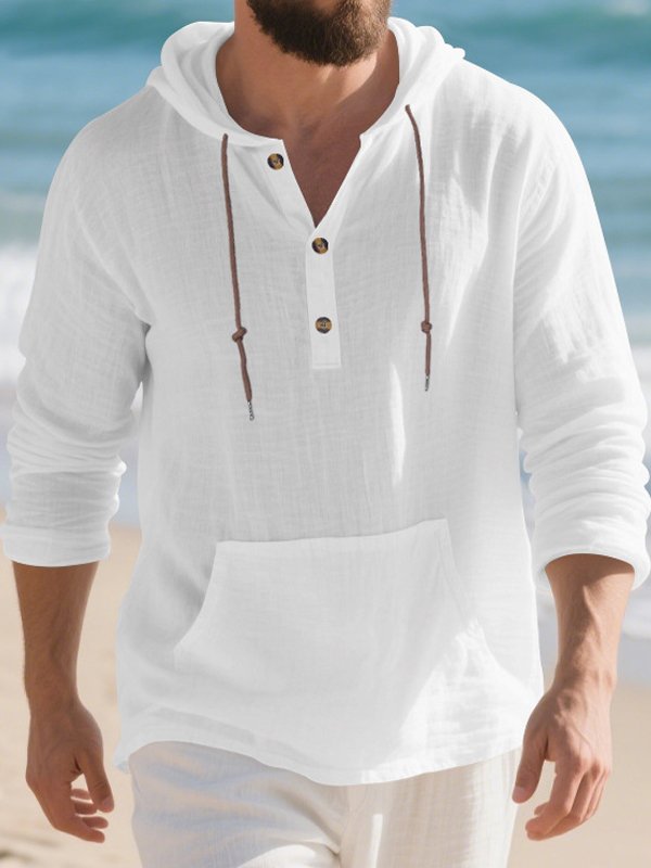 Royaura® Retro Cotton Linen Drawstring Men's Button-Up Long-Sleeve Hooded Shirt Big & Tall