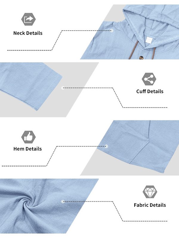 Royaura® Retro Cotton Linen Drawstring Men's Button-Up Long-Sleeve Hooded Shirt Big & Tall