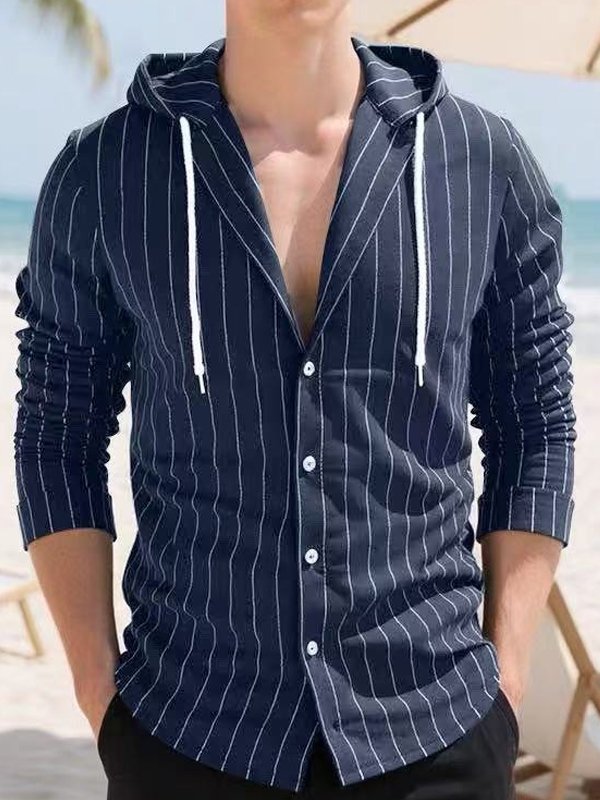 Royaura® Retro Striped Print Men's Button-Down Long-Sleeve Hawaiian Hooded Shirt Big & Tall