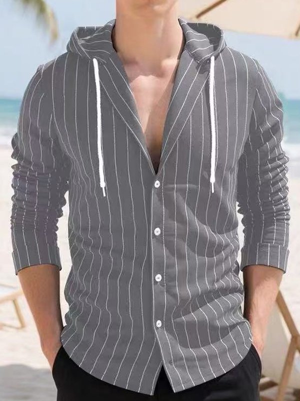 Royaura® Retro Striped Print Men's Button-Down Long-Sleeve Hawaiian Hooded Shirt Big & Tall