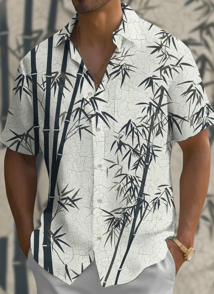 Royaura® Retro Bamboo Leaf Print Men's Button-Down Short-Sleeve Hawaiian Shirt Big & Tall