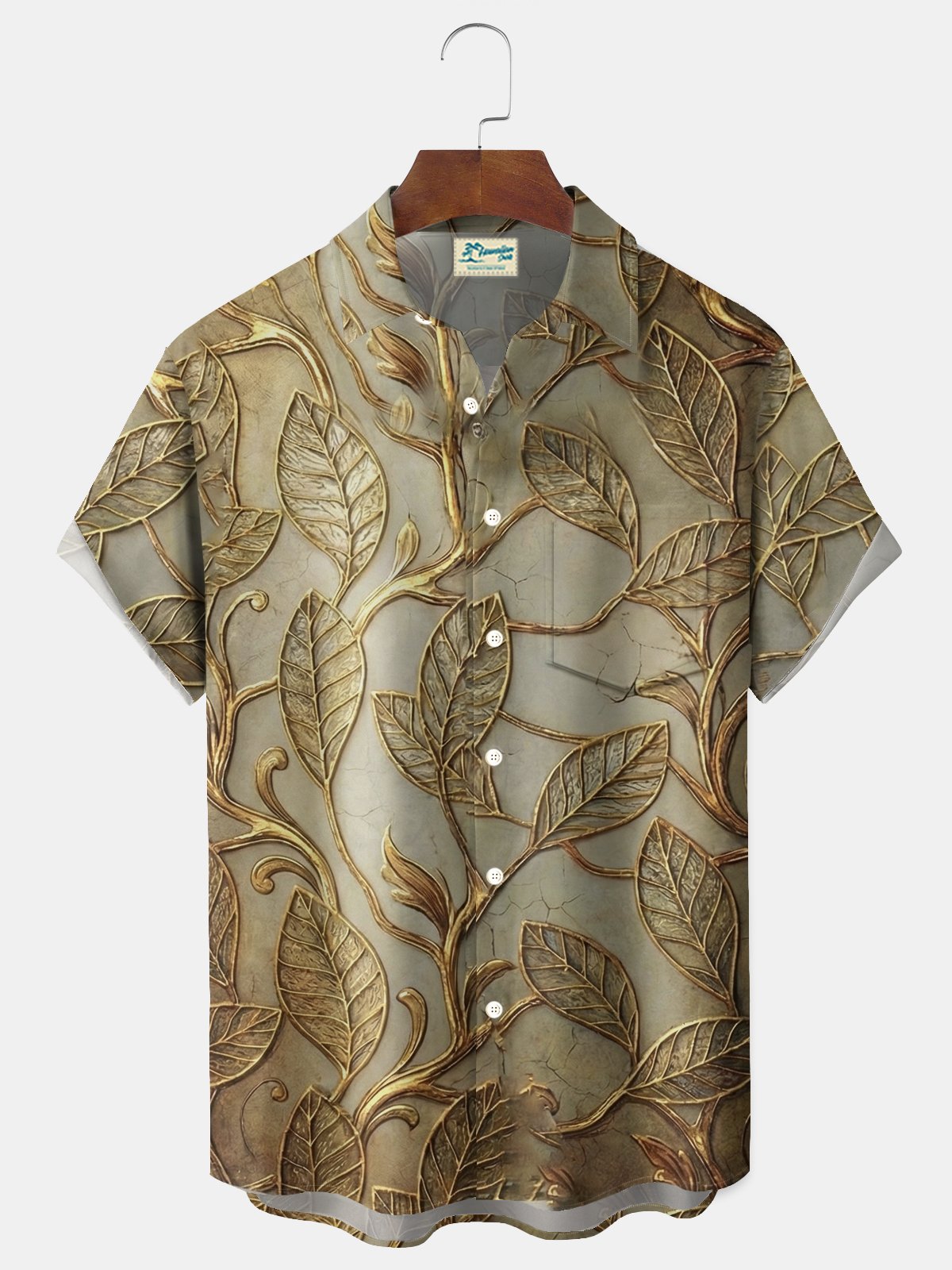 Royaura® Retro Artistic Leaf Print Men's Button-Down Short-Sleeve Hawaiian Shirt Big & Tall