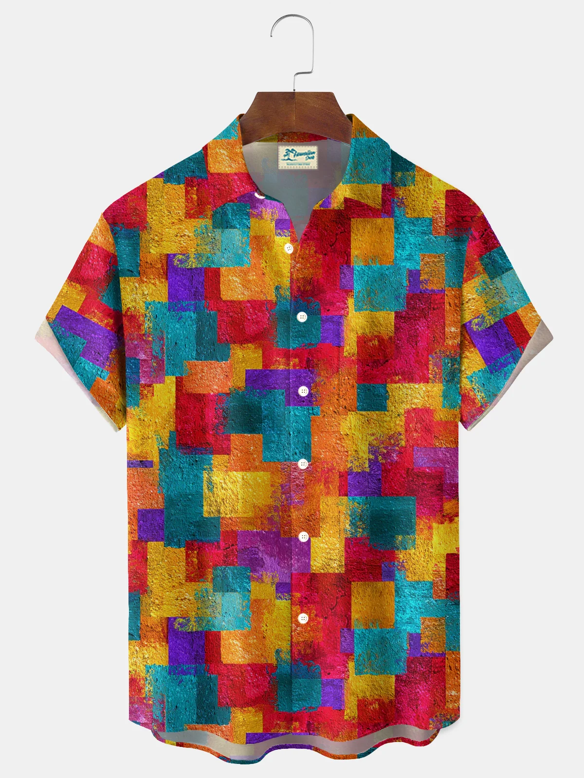 Royaura® Retro Gradient Art Geometric Print Men's Button-Down Short-Sleeve Hawaiian Shirt Big & Tall