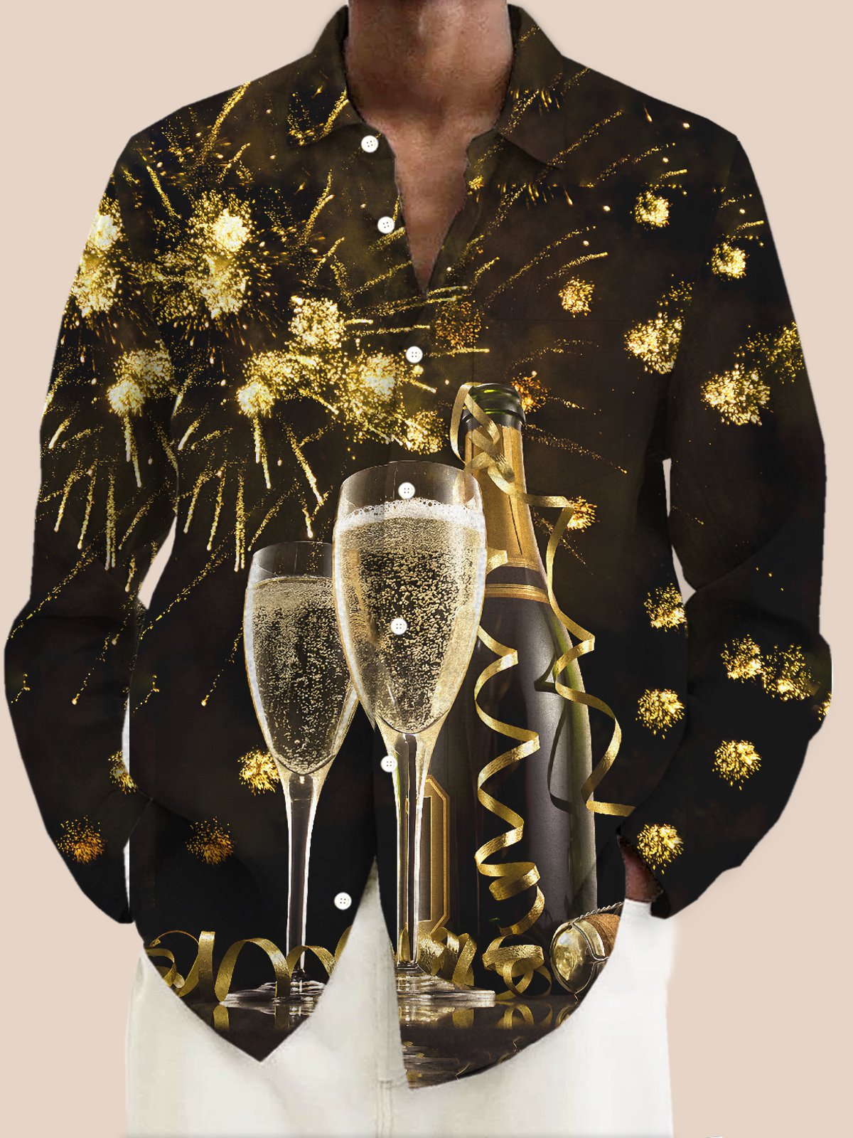 Royaura® Holiday Happy New Year Champagne Print Men's Button-Up Long-Sleeve Hawaiian Shirt Big & Tall