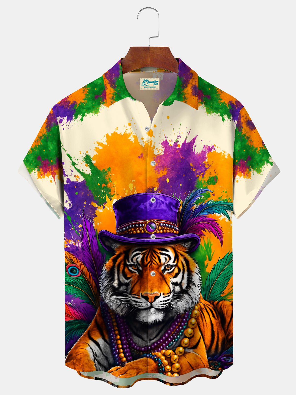 Royaura® Men's Mardi Gras Lnk-Splashing Tiger Print Retro Short Sleeve Shirt Big & Tall