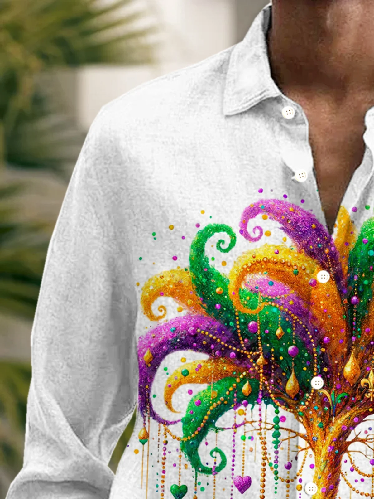 Royaura® Holiday Mardi Gras Tree Print Men's Button-Up Long-Sleeve Hawaiian Shirt Big & Tall