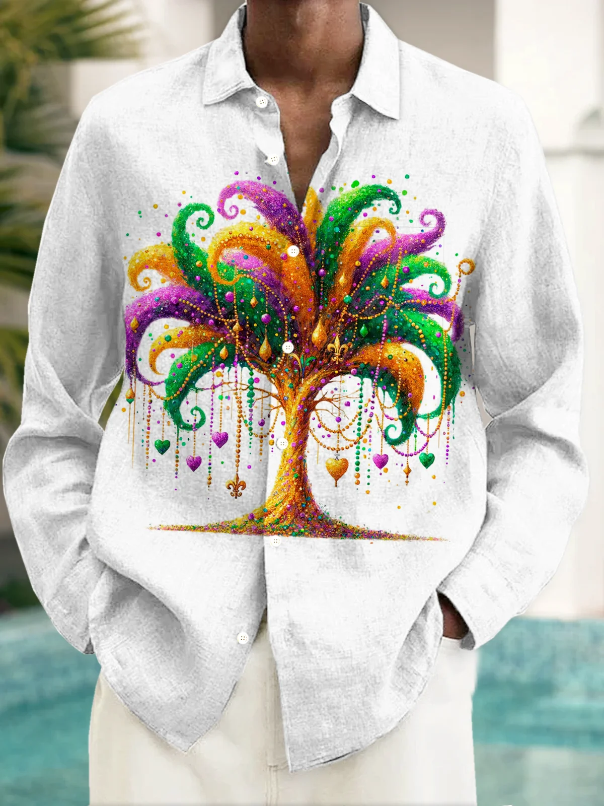 Royaura® Holiday Mardi Gras Tree Print Men's Button-Up Long-Sleeve Hawaiian Shirt Big & Tall