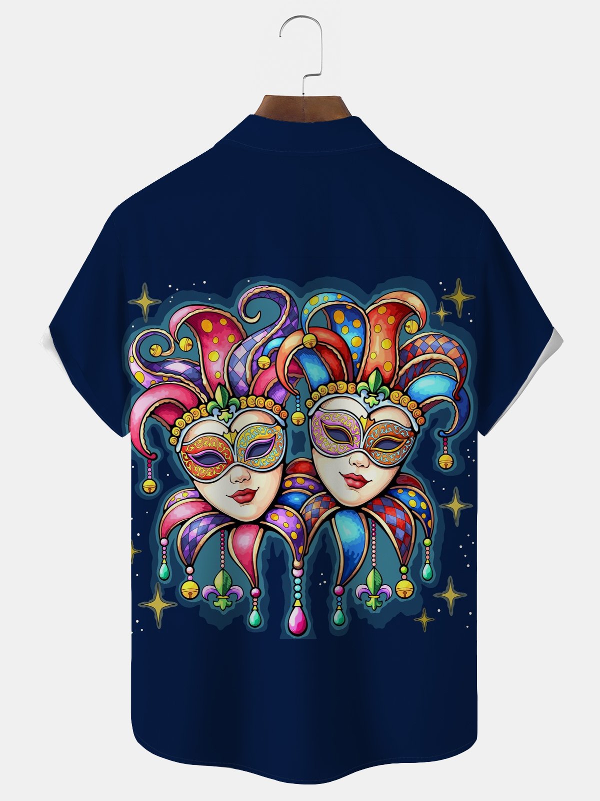 Royaura® Mardi Gras Carnival Mask Print Men's Button-Down Short-Sleeve Holiday Shirt Big & Tall