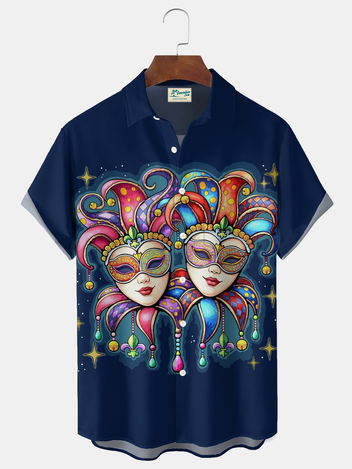 Royaura® Mardi Gras Carnival Mask Print Men's Button-Down Short-Sleeve Holiday Shirt Big & Tall