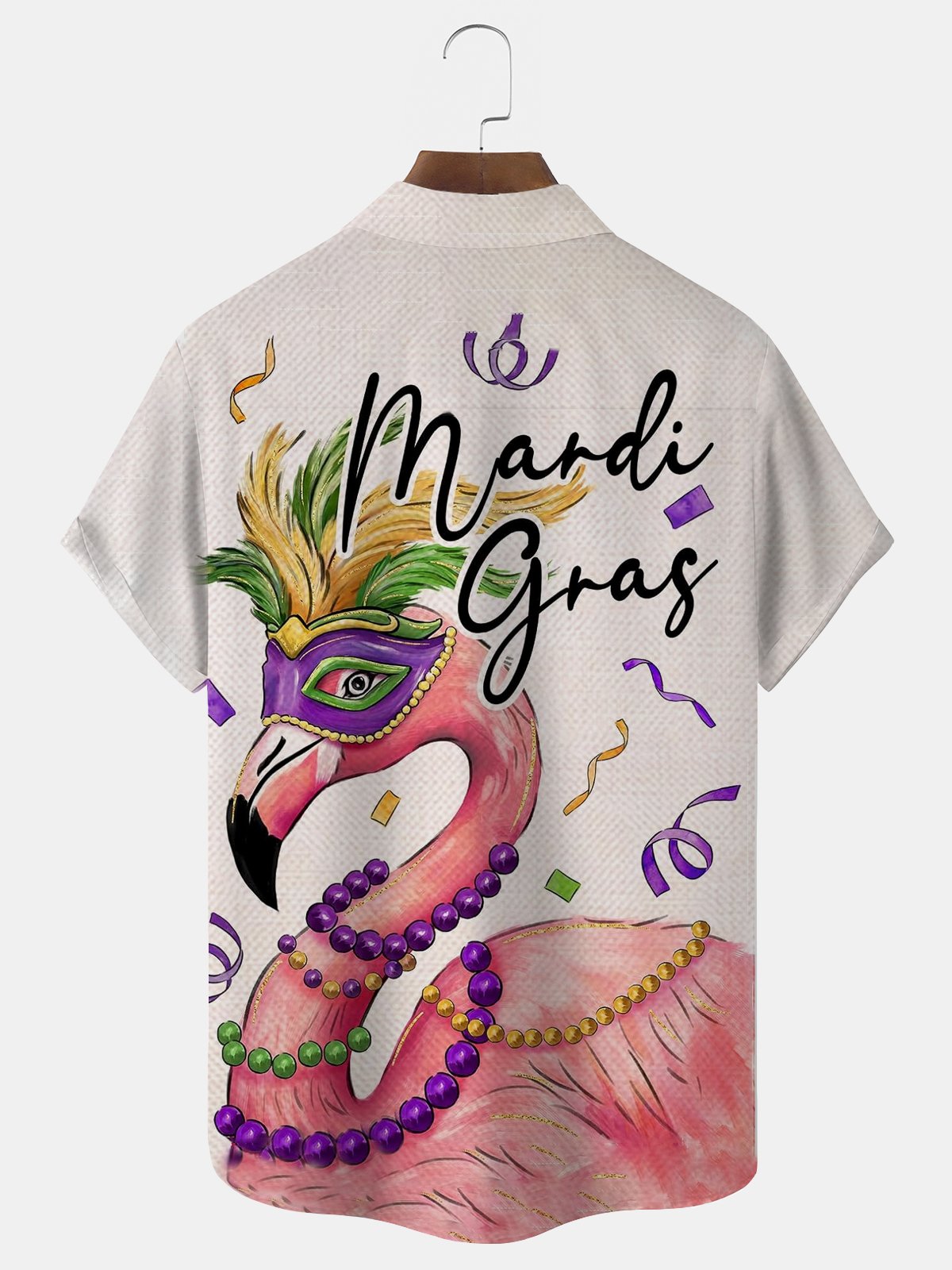 Royaura® Mardi Gras Carnival Flamingo Mask and Prayer Beads Print Men's Button-Down Short-Sleeve Holiday Shirt Big & Tall