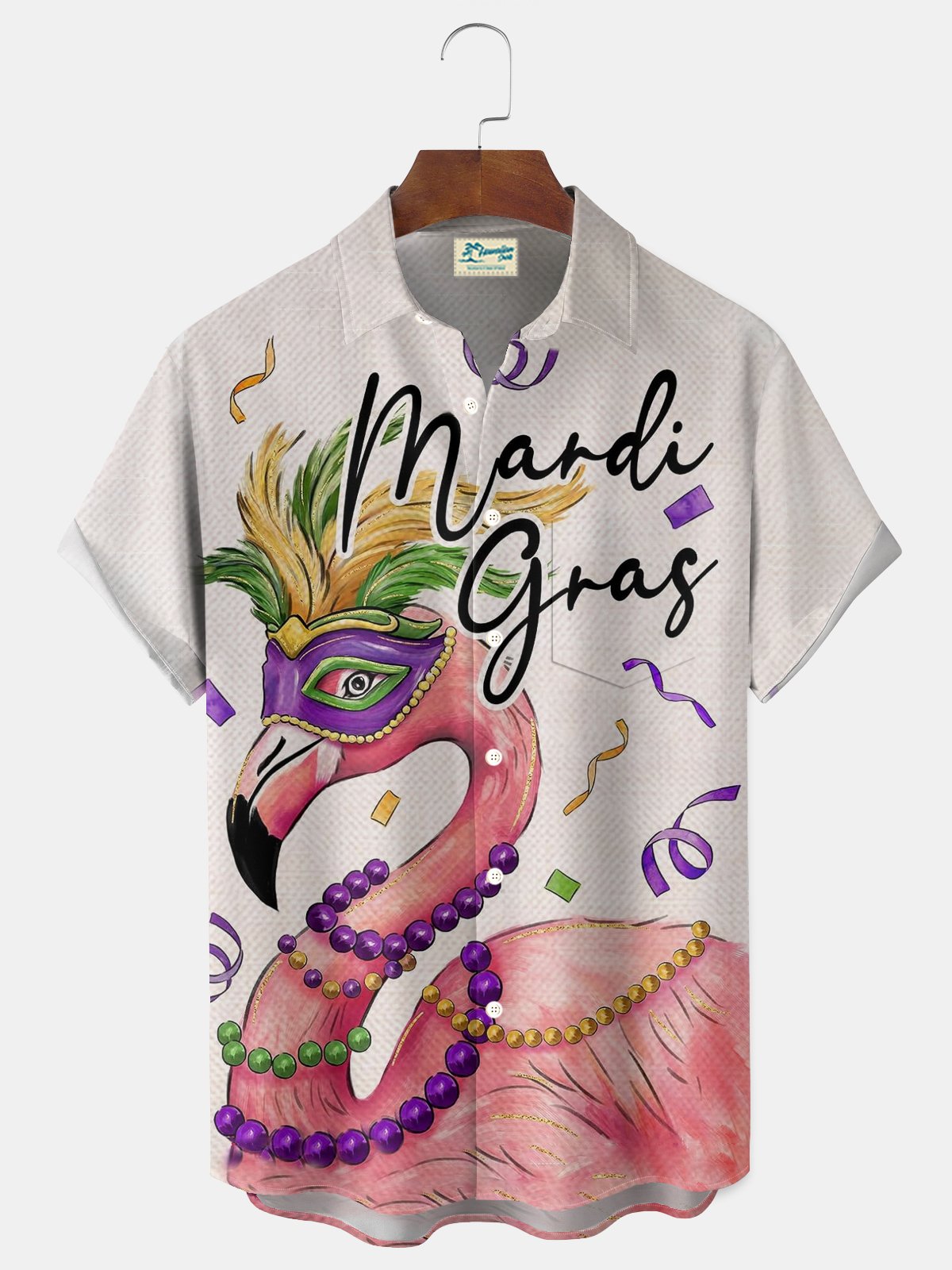 Royaura® Mardi Gras Carnival Flamingo Mask and Prayer Beads Print Men's Button-Down Short-Sleeve Holiday Shirt Big & Tall