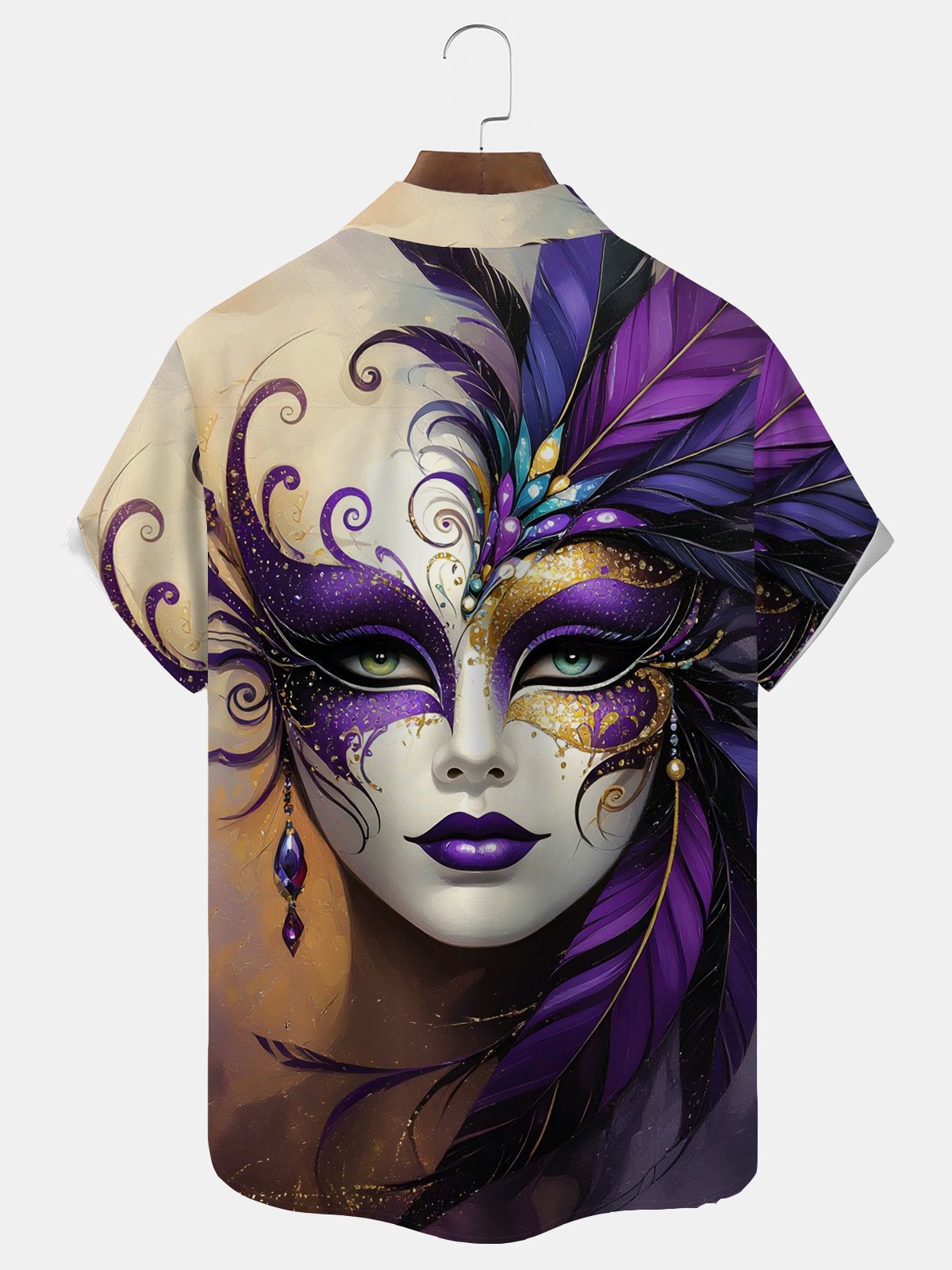 Royaura® Mardi Gras Carnival Queen Mask Print Men's Button-Down Short-Sleeve Holiday Shirt Big & Tall
