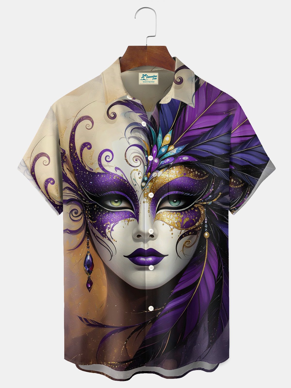 Royaura® Mardi Gras Carnival Queen Mask Print Men's Button-Down Short-Sleeve Holiday Shirt Big & Tall