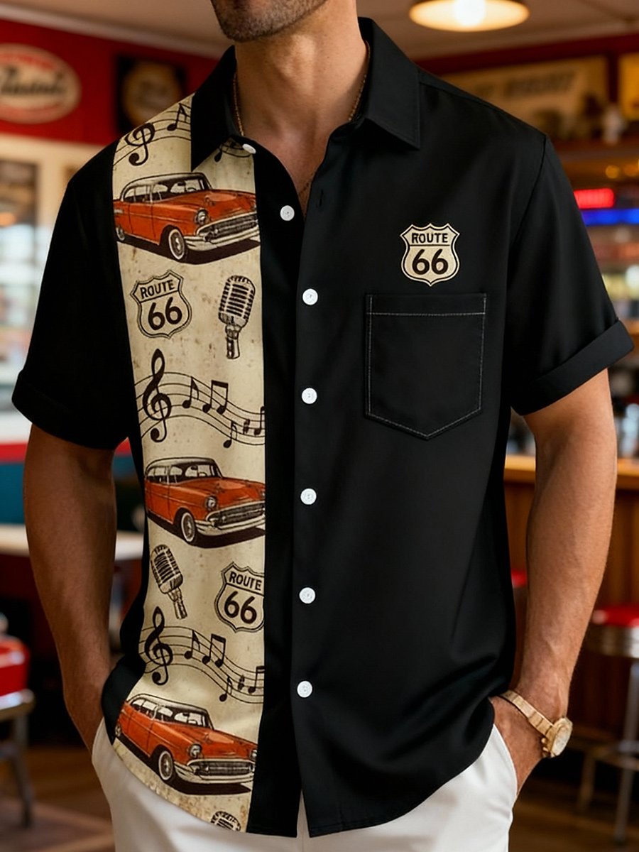 Royaura® Musical Note Car Bowling Print Men's Button-Down Short-Sleeve Hawaiian Shirt Big & Tall